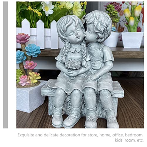 HANABASS Boy Kissing Girl Statue Sitting on Bench Figurine Kissing Couple Garden Sculpture Wife Gifts for Outdoor Lawn Yard Art Collection