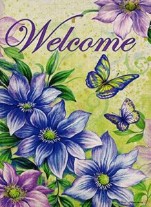 selmad spring vintage flower garden flag double sided, welcome quotes purple lily butterfly summer yard decoration, burlap seasonal outdoor décor flag 12.5 x 18