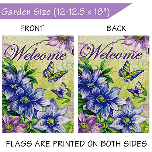 Selmad Spring Vintage Flower Garden Flag Double Sided, Welcome Quotes Purple Lily Butterfly Summer Yard Decoration, Burlap Seasonal Outdoor Décor Flag 12.5 x 18
