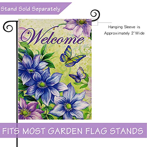 Selmad Spring Vintage Flower Garden Flag Double Sided, Welcome Quotes Purple Lily Butterfly Summer Yard Decoration, Burlap Seasonal Outdoor Décor Flag 12.5 x 18
