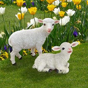 Design Toscano Yorkshire Lamb Garden Farm Animal Statues, 15 Inch, Set of Two Standing and Sitting, Polyresin, Full Color