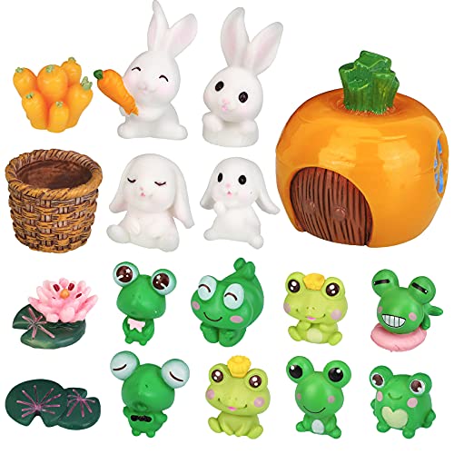 OOTSR 17 Pcs Miniature Fairy Garden Rabbit, Frog Figurines Fairy Garden Mini Animals Cake Topper Resin Model Moss Landscape DIY Terrarium Crafts Ornament Accessories for Home Décor