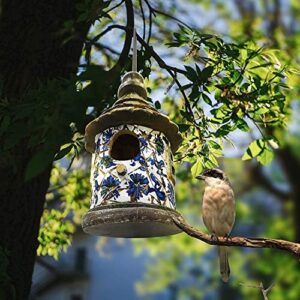 OUSHUAI Bird House for Outdoor with Pole Garden Decor Hanging Birdhouses Weatherproof BirdNest for Outside Bluebird, Finch, Wren, Chickadee, Wild Birds Big Size Resin White Bule