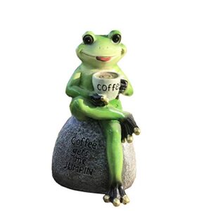 creative green frog sitting on stone statue drinking coffee indoor outdoor garden statue decoration collectible frog figurine statue model sculpture (6″ frog on stone)