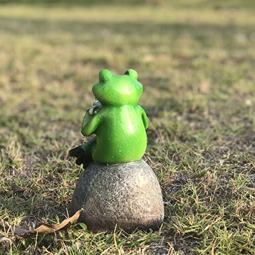 Creative Green Frog Sitting on Stone Statue Drinking Coffee Indoor Outdoor Garden Statue Decoration Collectible Frog Figurine Statue Model Sculpture (6" Frog On Stone)