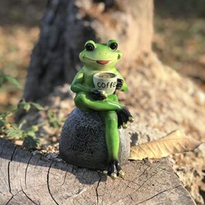 Creative Green Frog Sitting on Stone Statue Drinking Coffee Indoor Outdoor Garden Statue Decoration Collectible Frog Figurine Statue Model Sculpture (6" Frog On Stone)