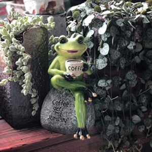 Creative Green Frog Sitting on Stone Statue Drinking Coffee Indoor Outdoor Garden Statue Decoration Collectible Frog Figurine Statue Model Sculpture (6" Frog On Stone)