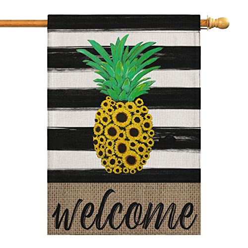 Summer Garden Flag Sunflowers Pineapple Welcome Flag Double Sided Vertical Burlap Yard Outdoor Decor 28x40 Inch