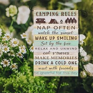 Swooflia Camping Rules Garden Flag Camper Small Yard Flag for Outside Decor Burlap Rustic Garden Banner 12x18 Inch Double Sided