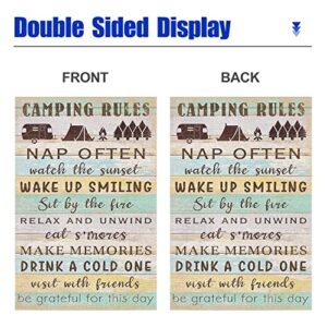 Swooflia Camping Rules Garden Flag Camper Small Yard Flag for Outside Decor Burlap Rustic Garden Banner 12x18 Inch Double Sided