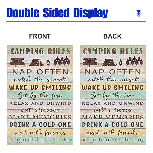 Swooflia Camping Rules Garden Flag Camper Small Yard Flag for Outside Decor Burlap Rustic Garden Banner 12x18 Inch Double Sided