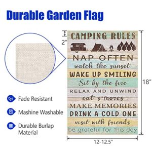 Swooflia Camping Rules Garden Flag Camper Small Yard Flag for Outside Decor Burlap Rustic Garden Banner 12x18 Inch Double Sided