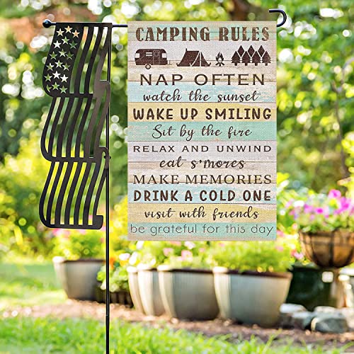 Swooflia Camping Rules Garden Flag Camper Small Yard Flag for Outside Decor Burlap Rustic Garden Banner 12x18 Inch Double Sided