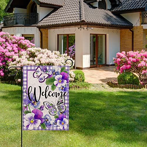 Hzppyz Welcome Summer Pansy Butterfly Garden Flag Double Sided, Purple Buffalo Plaid Check Decorative Yard Outdoor Small Decor, Spring Farmhouse Home Outside Decorations 12 x 18