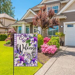 Hzppyz Welcome Summer Pansy Butterfly Garden Flag Double Sided, Purple Buffalo Plaid Check Decorative Yard Outdoor Small Decor, Spring Farmhouse Home Outside Decorations 12 x 18