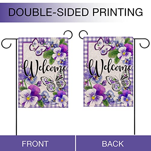 Hzppyz Welcome Summer Pansy Butterfly Garden Flag Double Sided, Purple Buffalo Plaid Check Decorative Yard Outdoor Small Decor, Spring Farmhouse Home Outside Decorations 12 x 18