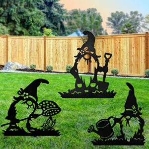 set of 3 metal gnome garden stake decor,cute large yard planter oranment stakes, funny outdoor statues for sidewalks, patio, lawn. removeable dawfs gardening sign for home