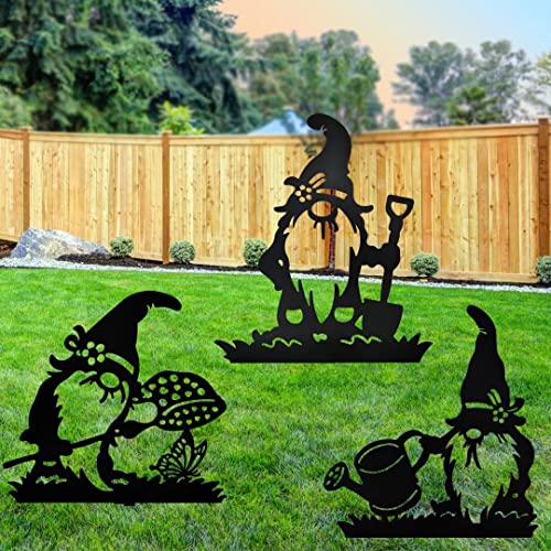 Set of 3 Metal Gnome Garden Stake Decor,Cute Large Yard Planter Oranment Stakes, Funny Outdoor Statues for Sidewalks, Patio, Lawn. Removeable Dawfs Gardening Sign for Home