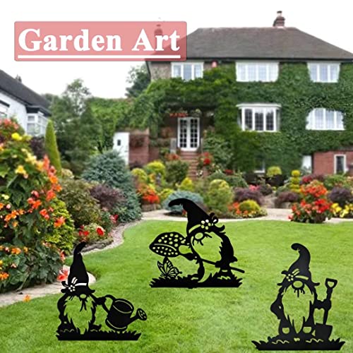 Set of 3 Metal Gnome Garden Stake Decor,Cute Large Yard Planter Oranment Stakes, Funny Outdoor Statues for Sidewalks, Patio, Lawn. Removeable Dawfs Gardening Sign for Home