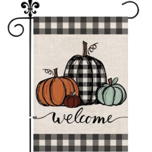 Mloabuc Fall Pumpkins Garden Flag Autumn Welcome Thanksgiving Buffalo Check Fall Yard Flag Farmhouse Double Sided Lattice Vertical Outdoor Decor 12 x 18 In