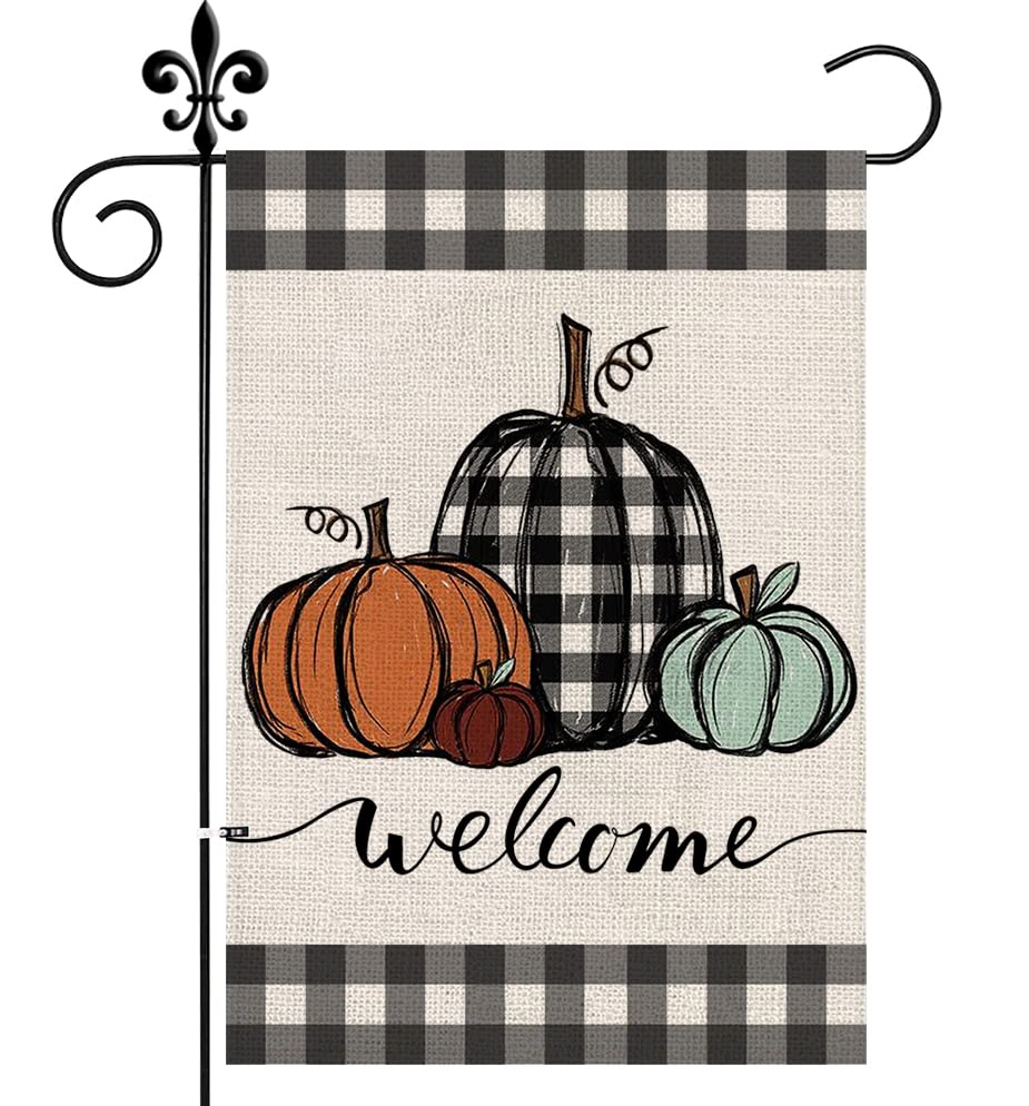 Mloabuc Fall Pumpkins Garden Flag Autumn Welcome Thanksgiving Buffalo Check Fall Yard Flag Farmhouse Double Sided Lattice Vertical Outdoor Decor 12 x 18 In