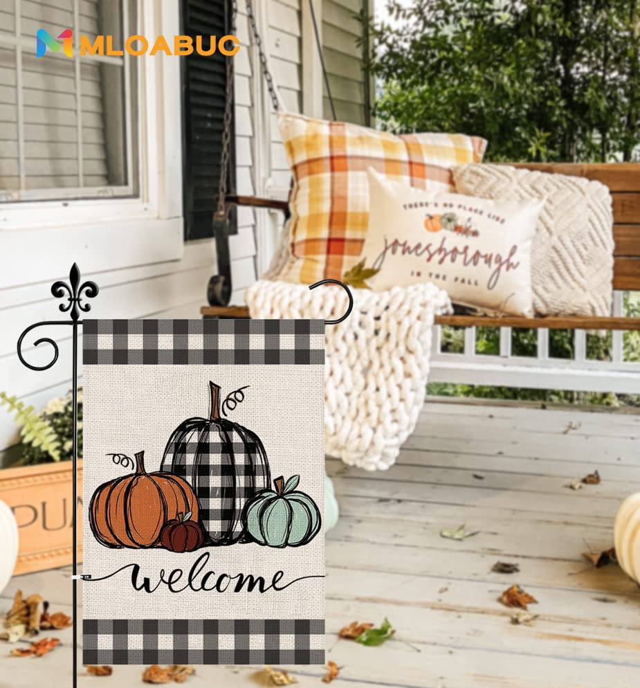 Mloabuc Fall Pumpkins Garden Flag Autumn Welcome Thanksgiving Buffalo Check Fall Yard Flag Farmhouse Double Sided Lattice Vertical Outdoor Decor 12 x 18 In