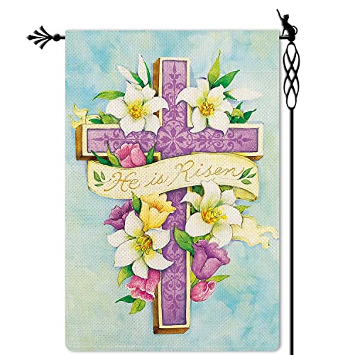 Kenomi He is Risen Garden Flag Purple Cross with Lily Garden Flag Neligion Vertical Double Sided Rustic Farmland Burlap Yard Lawn Outdoor Decor 12.5x18