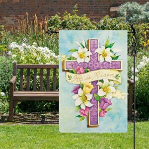 Kenomi He is Risen Garden Flag Purple Cross with Lily Garden Flag Neligion Vertical Double Sided Rustic Farmland Burlap Yard Lawn Outdoor Decor 12.5x18