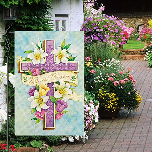 Kenomi He is Risen Garden Flag Purple Cross with Lily Garden Flag Neligion Vertical Double Sided Rustic Farmland Burlap Yard Lawn Outdoor Decor 12.5x18