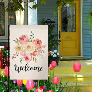 Spring Peonies Welcome Garden Flag Vertical Double Sided Burlap Yard Spring Flower Farmhouse Outdoor Decor 12.5 x 18 Inches