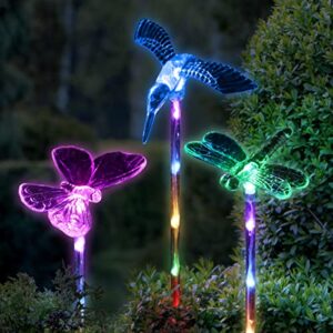exhart garden solar lights, set of 3 acrylic butterfly, hummingbird and dragonfly garden stakes, color changing led, outdoor garden decoration, 3.5 x 25.5 inch