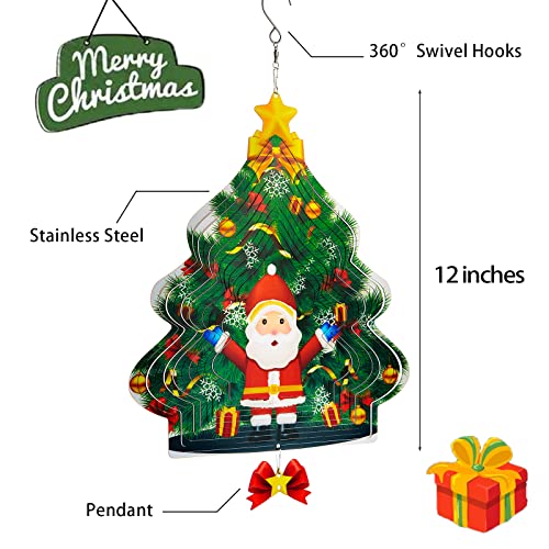 Joozer 3D Stainless Steel Wind Spinner 12 Inch Christmas Windmill Decoration for Indoor and Outdoor Garden Garden Courtyard Metal Windmill, Christmas Tree, Santa Claus