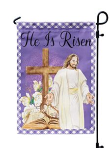 he is risen religious garden flags 12x18inch burlap, easter cross jesus flags for spring holiday yard decorations outdoor