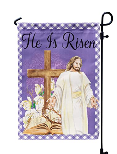 He is Risen Religious Garden Flags 12x18inch Burlap, Easter Cross Jesus Flags for Spring Holiday Yard Decorations Outdoor