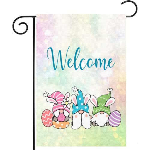 Surfapans Welcome Gnome Easter Garden Flag 12x18 Inch Double Sided Outside Burlap Easter Egg Spring Small Outdoor Yard Flags Porch Home Holiday Decoration