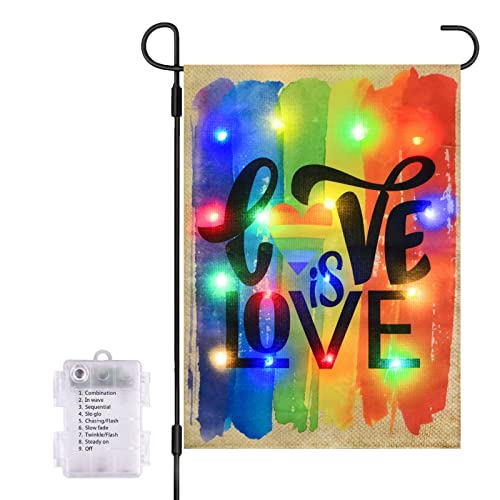 COVBOARD LED Lighted Gay Pride Rainbow Garden Flag, Love is Love LGBT Yard Flag, 12 x 18 Inches Vertical Double Sided Garden Decor Flags Battery Operated with Timer For Summer Spring Outdoor Patio Yard Garden Lawn Decoratio（Rainbow）Stand NOT Included