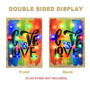 COVBOARD LED Lighted Gay Pride Rainbow Garden Flag, Love is Love LGBT Yard Flag, 12 x 18 Inches Vertical Double Sided Garden Decor Flags Battery Operated with Timer For Summer Spring Outdoor Patio Yard Garden Lawn Decoratio（Rainbow）Stand NOT Included