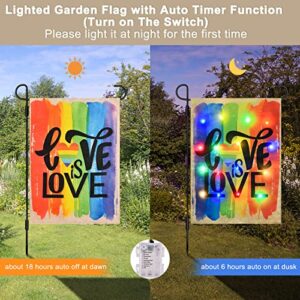 COVBOARD LED Lighted Gay Pride Rainbow Garden Flag, Love is Love LGBT Yard Flag, 12 x 18 Inches Vertical Double Sided Garden Decor Flags Battery Operated with Timer For Summer Spring Outdoor Patio Yard Garden Lawn Decoratio（Rainbow）Stand NOT Included