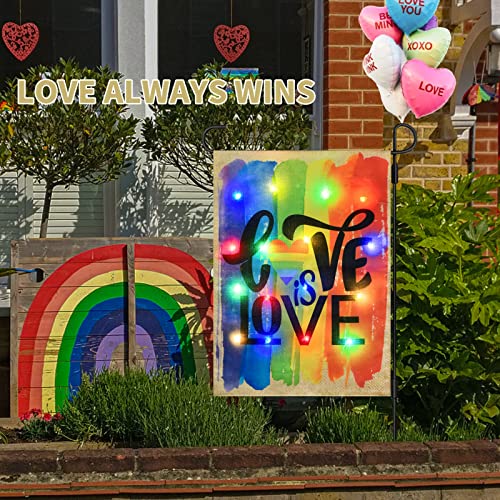 COVBOARD LED Lighted Gay Pride Rainbow Garden Flag, Love is Love LGBT Yard Flag, 12 x 18 Inches Vertical Double Sided Garden Decor Flags Battery Operated with Timer For Summer Spring Outdoor Patio Yard Garden Lawn Decoratio（Rainbow）Stand NOT Included