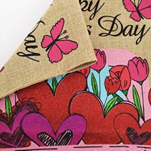 Texupday Happy Valentine's Day Double Sided Burlap Garden Flag Love Heart Floral Pink Truck Butterfly Decoration Outdoor Flag 12" x 18"