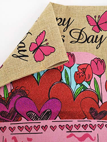 Texupday Happy Valentine's Day Double Sided Burlap Garden Flag Love Heart Floral Pink Truck Butterfly Decoration Outdoor Flag 12" x 18"