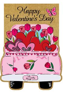 texupday happy valentine’s day double sided burlap garden flag love heart floral pink truck butterfly decoration outdoor flag 12″ x 18″