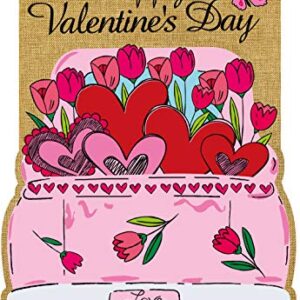 Texupday Happy Valentine's Day Double Sided Burlap Garden Flag Love Heart Floral Pink Truck Butterfly Decoration Outdoor Flag 12" x 18"