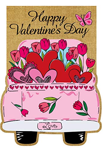 Texupday Happy Valentine's Day Double Sided Burlap Garden Flag Love Heart Floral Pink Truck Butterfly Decoration Outdoor Flag 12" x 18"