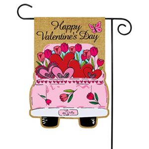 Texupday Happy Valentine's Day Double Sided Burlap Garden Flag Love Heart Floral Pink Truck Butterfly Decoration Outdoor Flag 12" x 18"