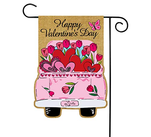 Texupday Happy Valentine's Day Double Sided Burlap Garden Flag Love Heart Floral Pink Truck Butterfly Decoration Outdoor Flag 12" x 18"