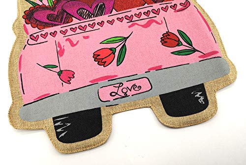 Texupday Happy Valentine's Day Double Sided Burlap Garden Flag Love Heart Floral Pink Truck Butterfly Decoration Outdoor Flag 12" x 18"