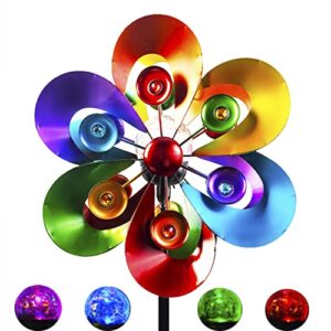 solar wind spinner,garden wind catcher wind mills, solar powered rgb color changing led with glass ball, 60inch outdoor metal patio aculptures dual direction decorative lawn ornament wind mill