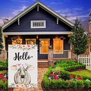 Hello Linen Garden Flag, Cow Wreath pattern Garden Flag, Farm Animals Pasture Summer Rural Wildlife Beef Nature Bovine Bull Cattle Seasonal Garden Flags for Patio Lawn Outdoor Home Decor Gift 12 X 18 Inch