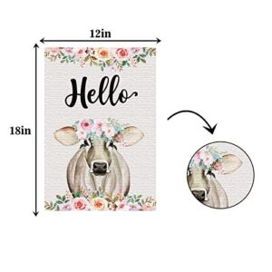 Hello Linen Garden Flag, Cow Wreath pattern Garden Flag, Farm Animals Pasture Summer Rural Wildlife Beef Nature Bovine Bull Cattle Seasonal Garden Flags for Patio Lawn Outdoor Home Decor Gift 12 X 18 Inch